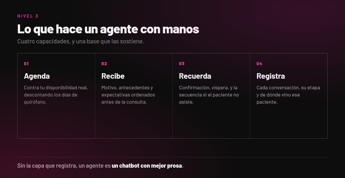 Las cuatro capacidades del nivel 3: agenda, recibe, recuerda y registra