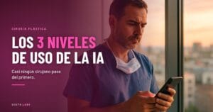 Cirujano plástico junto a un ventanal al atardecer, mirando mensajes en su teléfono, con el titular Los 3 niveles de uso de la IA